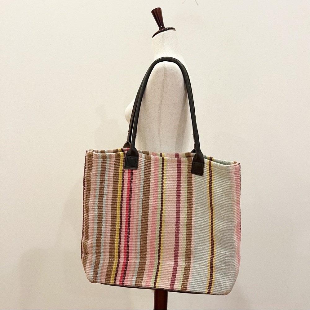 Dash Albert Rug Company Tote Bag Pink Blue Stripes Handwoven Leather Strap Purse